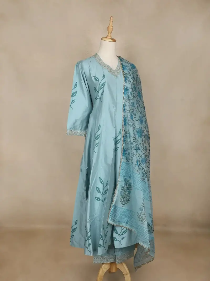 Cyan Blue Leaf Motif Printed Silk Anarkali Salwar Suit With Floral Printed Dupatta 4