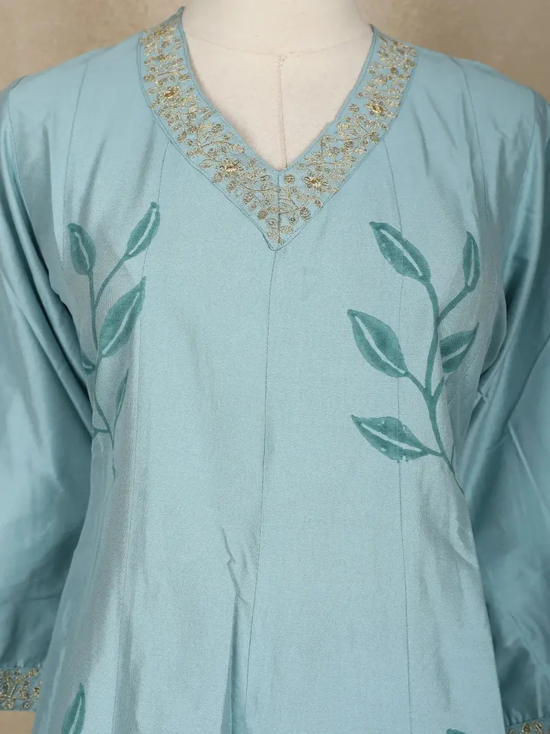 Cyan Blue Leaf Motif Printed Silk Anarkali Salwar Suit With Floral Printed Dupatta 5