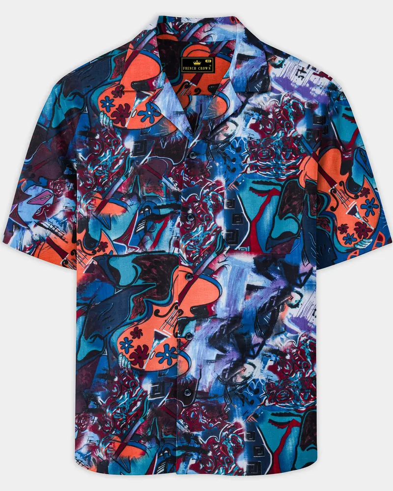 Cyan Blue Multicolour Abstract Printed Lightweight Oversized Premium Cotton Shirt 1