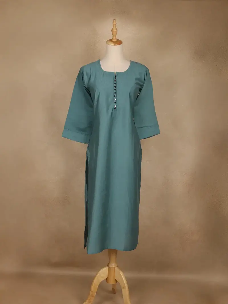 Cyan Blue Solid Cotton Kurti With Button Detailing 1