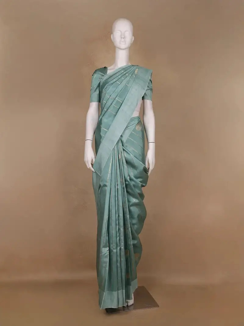 Cyan Blue Stripes Woven Pure Tussar Silk Saree 1