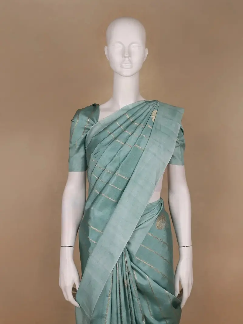 Cyan Blue Stripes Woven Pure Tussar Silk Saree 2