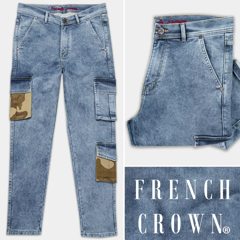 Cyan Blue With Camouflage Cargo Pocket Designer Stretchable Denim 1