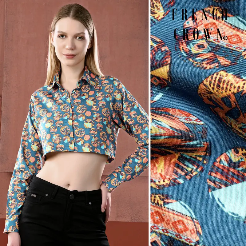 Cyan Blue With Salmon Peach Geometric Printed Premium Cotton Crop Shirt 1