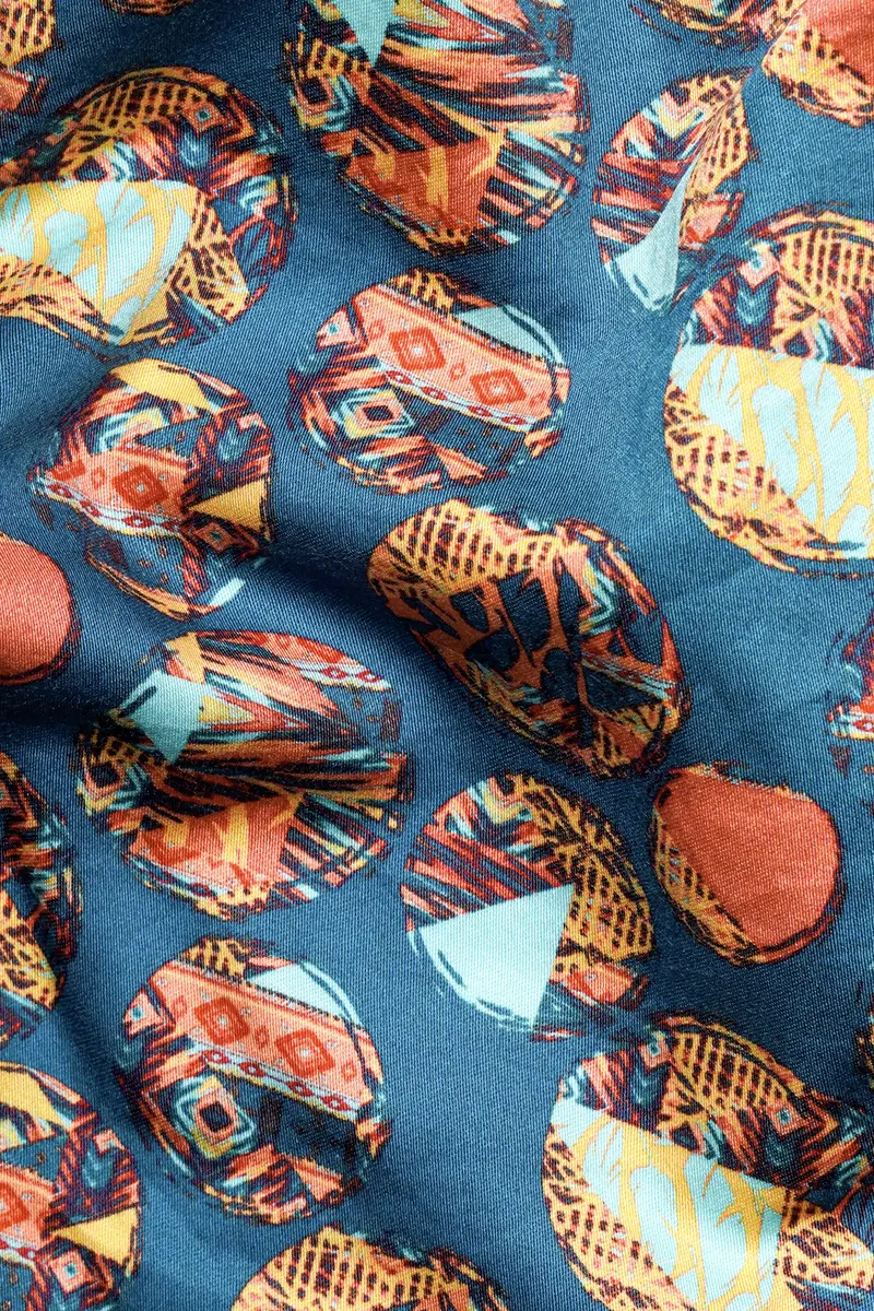 Cyan Blue With Salmon Peach Geometric Printed Premium Cotton Crop Shirt 3