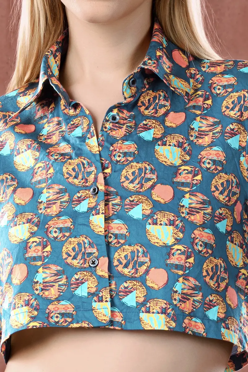 Cyan Blue With Salmon Peach Geometric Printed Premium Cotton Crop Shirt 4