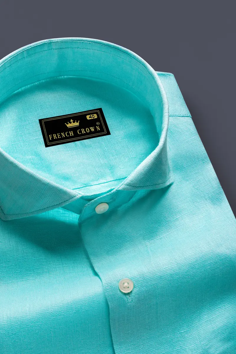 Cyan-Downy Blue Solid Luxurious Linen Dress Shirt 1