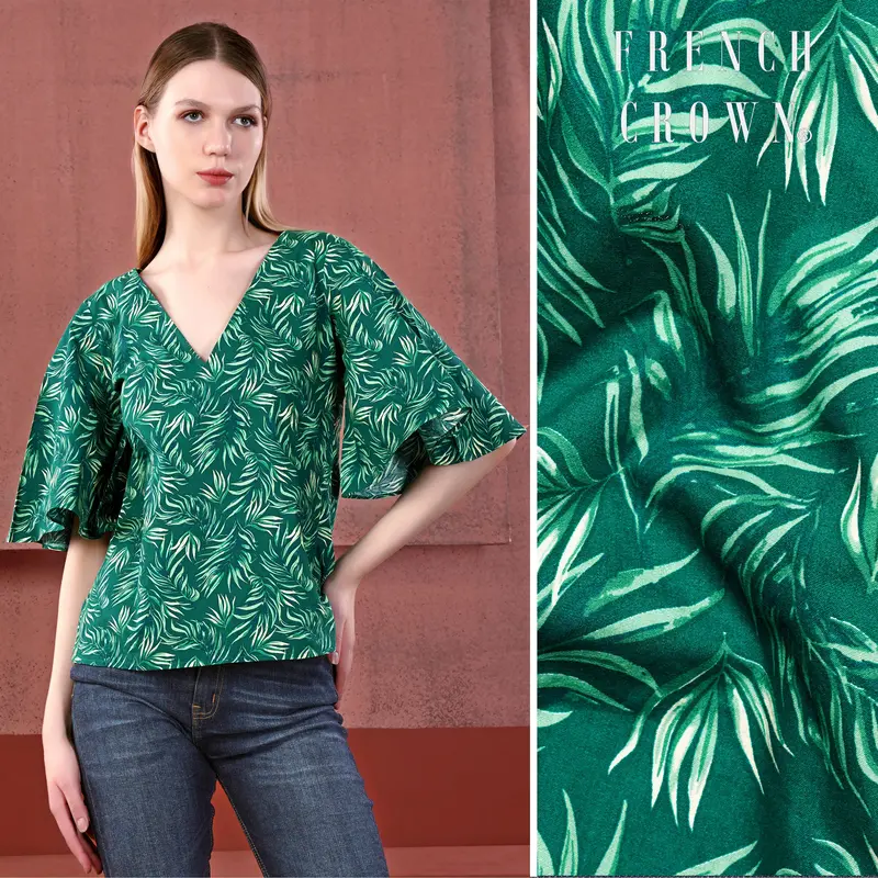 Cyprus Green And Deep Teal Green Leaves Printed Bell Sleeves Premium Cotton V Neck Shirt 1