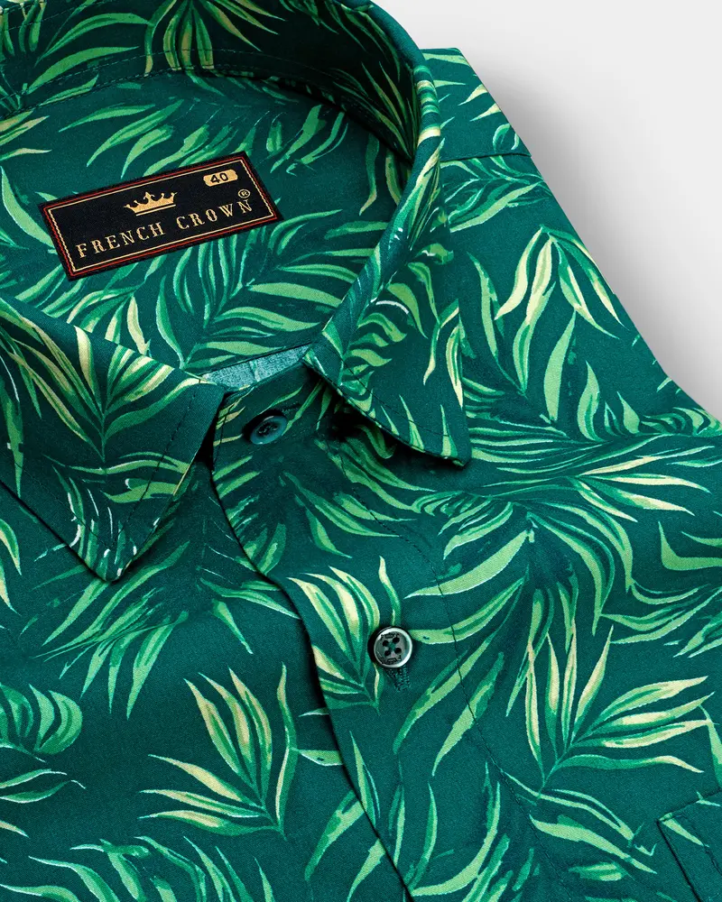 Cyprus Green With Multicolored Leaves Printed Premium Cotton Shirt 1