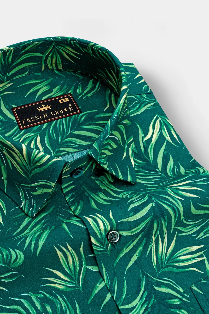 Cyprus Green With Multicolored Leaves Printed Premium Cotton Shirt 2