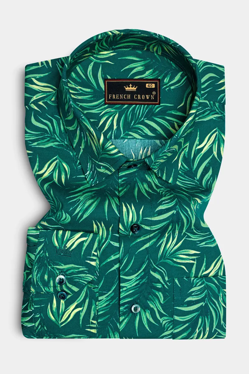 Cyprus Green With Multicolored Leaves Printed Premium Cotton Shirt 4