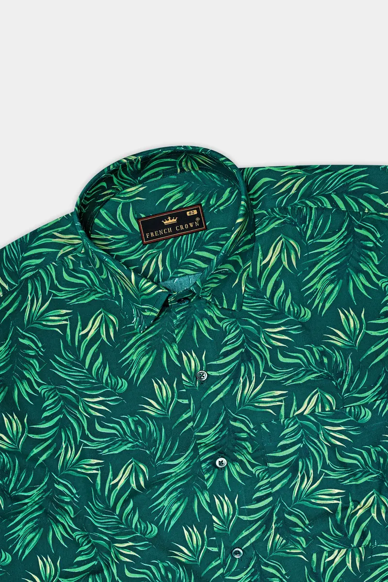 Cyprus Green With Multicolored Leaves Printed Premium Cotton Shirt 5