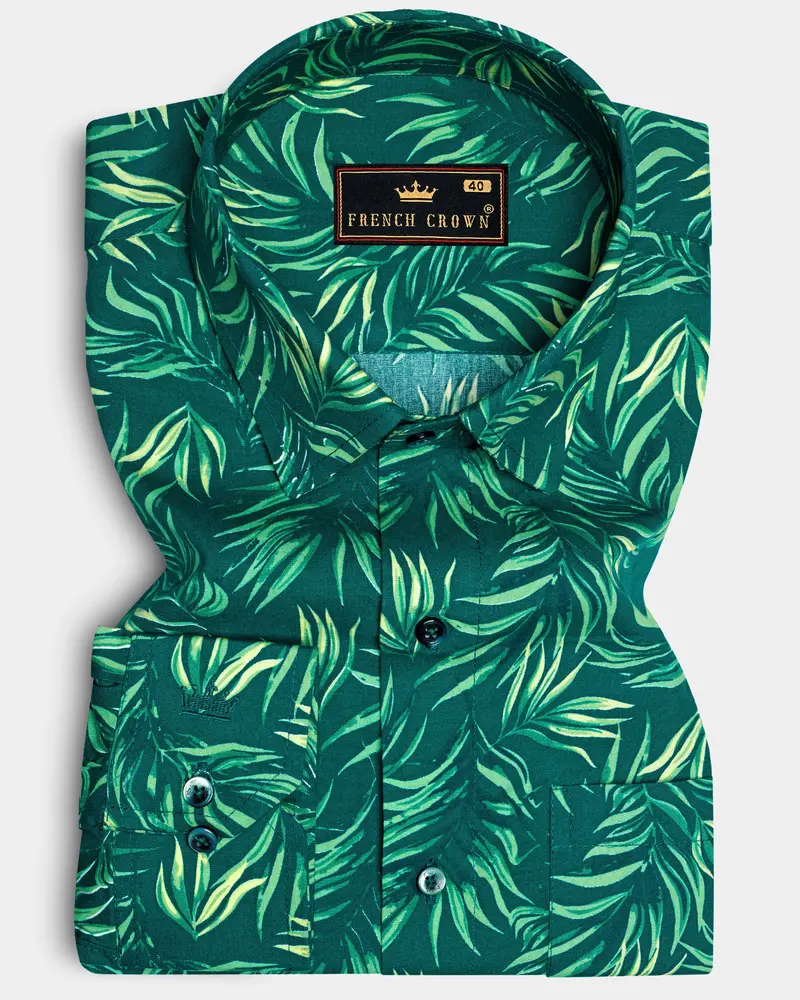 Cyprus Green With Multicolored Leaves Printed Premium Cotton Shirt 6