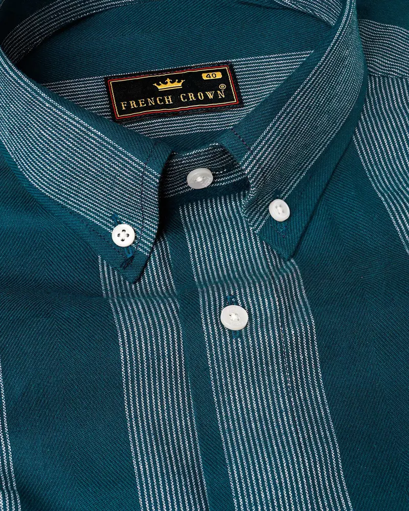 Cyprus Sea Blue With Bright White Striped Herringbone Premium Cotton Shirt 1