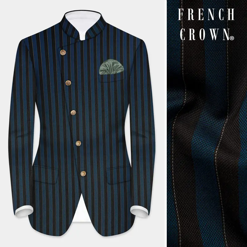 Daintree Blue And Jade Black Striped Wool Blend Cross Placket Bandhgala Blazer 1