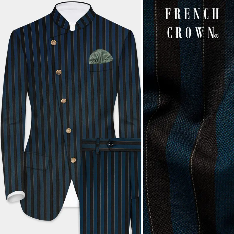 Daintree Blue And Jade Black Striped Wool Blend Cross Placket Bandhgala Suit 1
