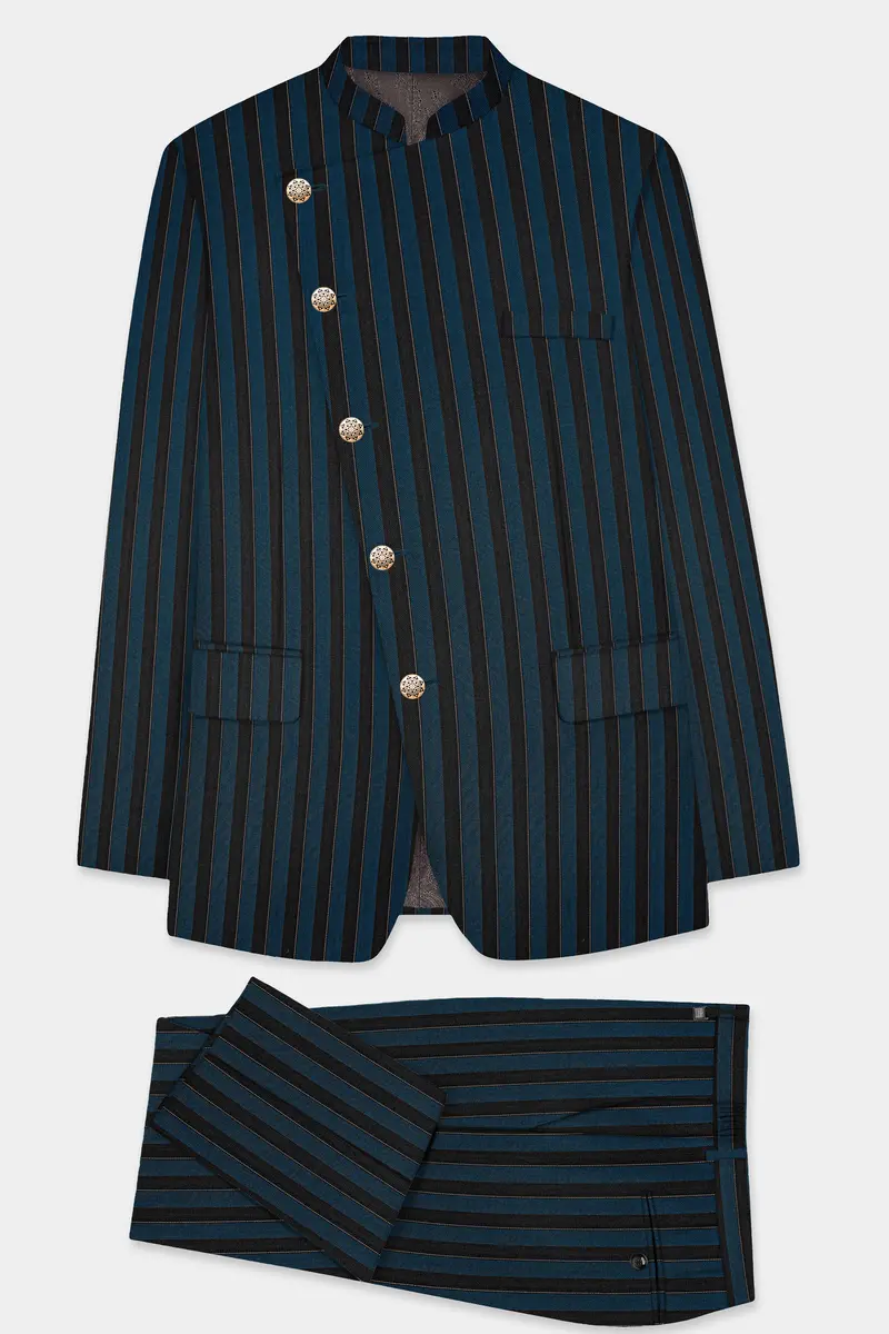 Daintree Blue And Jade Black Striped Wool Blend Cross Placket Bandhgala Suit 10