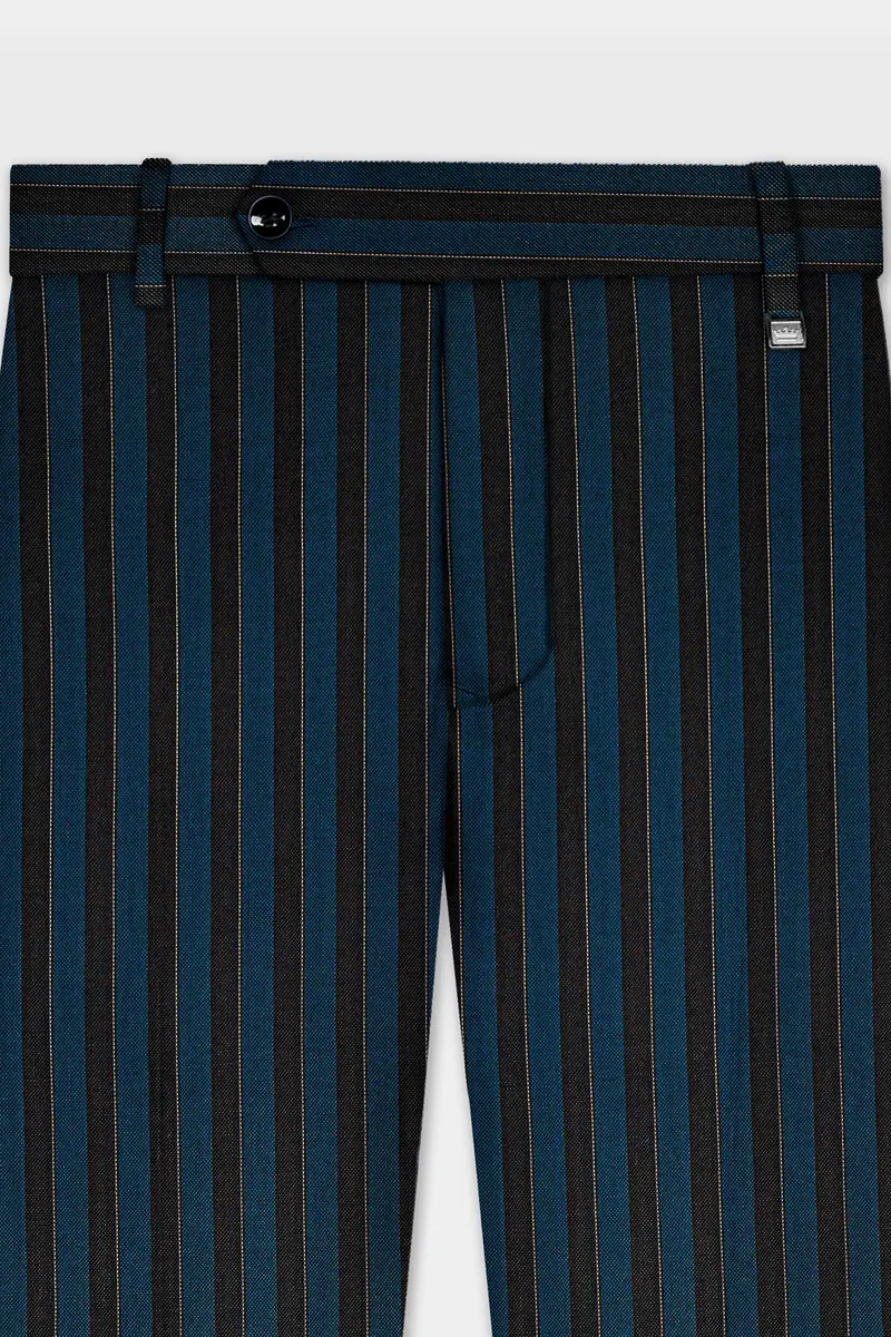 Daintree Blue And Jade Black Striped Wool Blend Cross Placket Bandhgala Suit 11