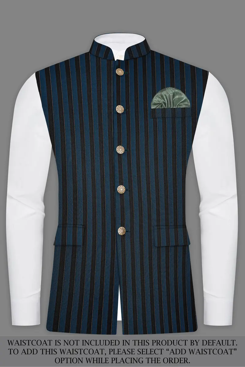 Daintree Blue And Jade Black Striped Wool Blend Cross Placket Bandhgala Suit 15