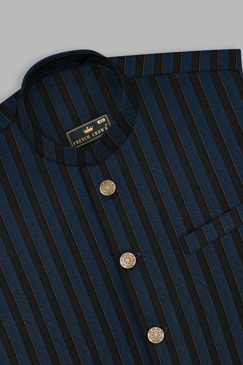 Daintree Blue And Jade Black Striped Wool Blend Cross Placket Bandhgala Suit 17