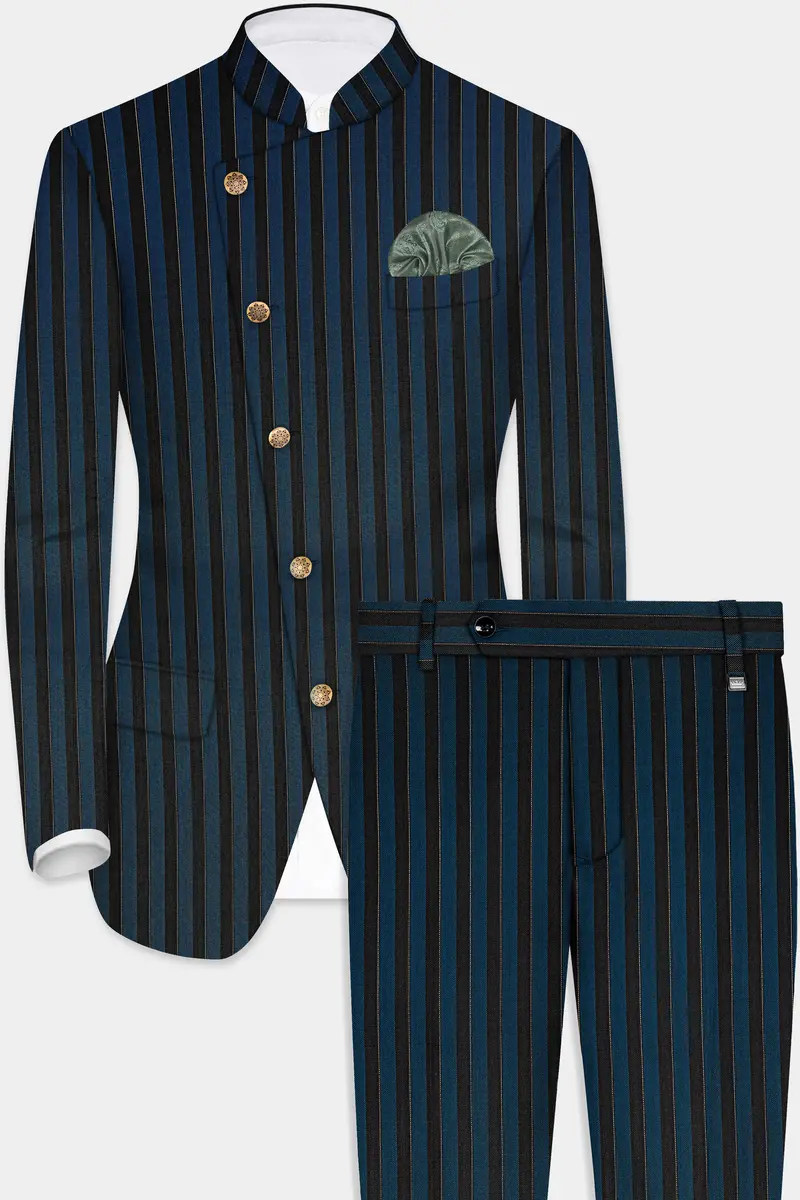 Daintree Blue And Jade Black Striped Wool Blend Cross Placket Bandhgala Suit 2