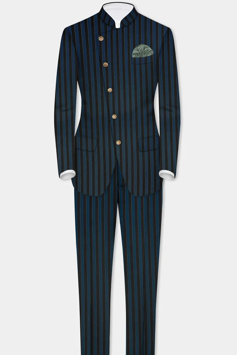 Daintree Blue And Jade Black Striped Wool Blend Cross Placket Bandhgala Suit 4