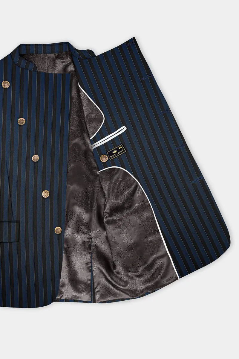 Daintree Blue And Jade Black Striped Wool Blend Cross Placket Bandhgala Suit 5