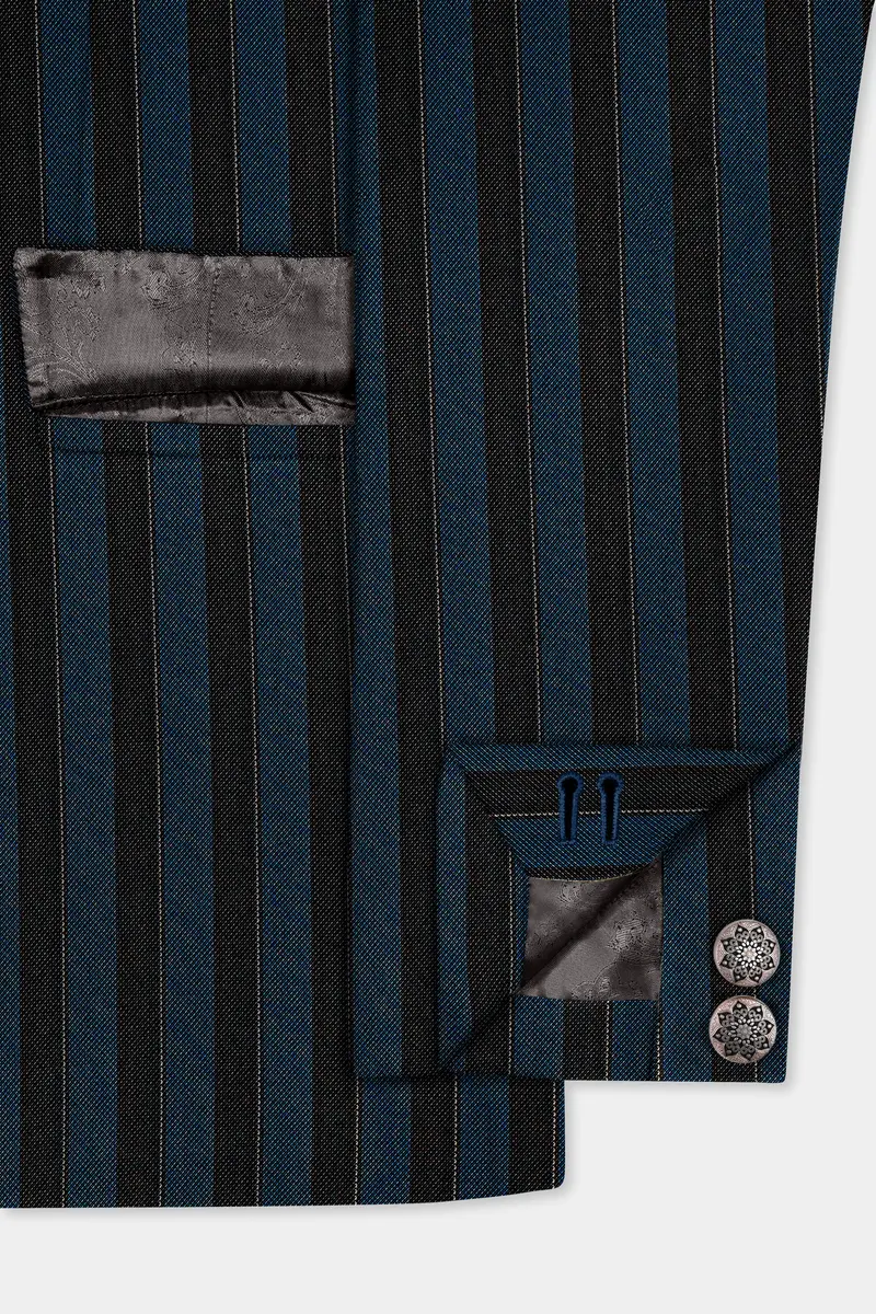Daintree Blue And Jade Black Striped Wool Blend Cross Placket Bandhgala Suit 6