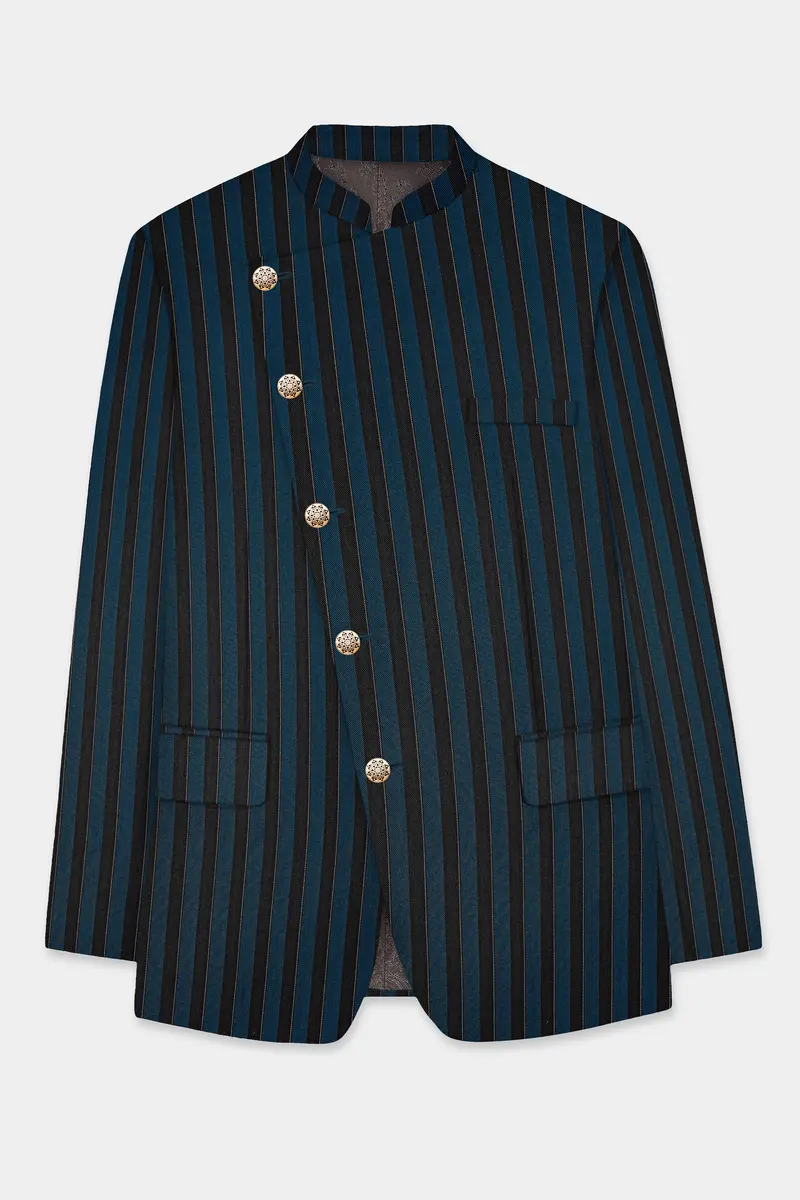 Daintree Blue And Jade Black Striped Wool Blend Cross Placket Bandhgala Suit 7