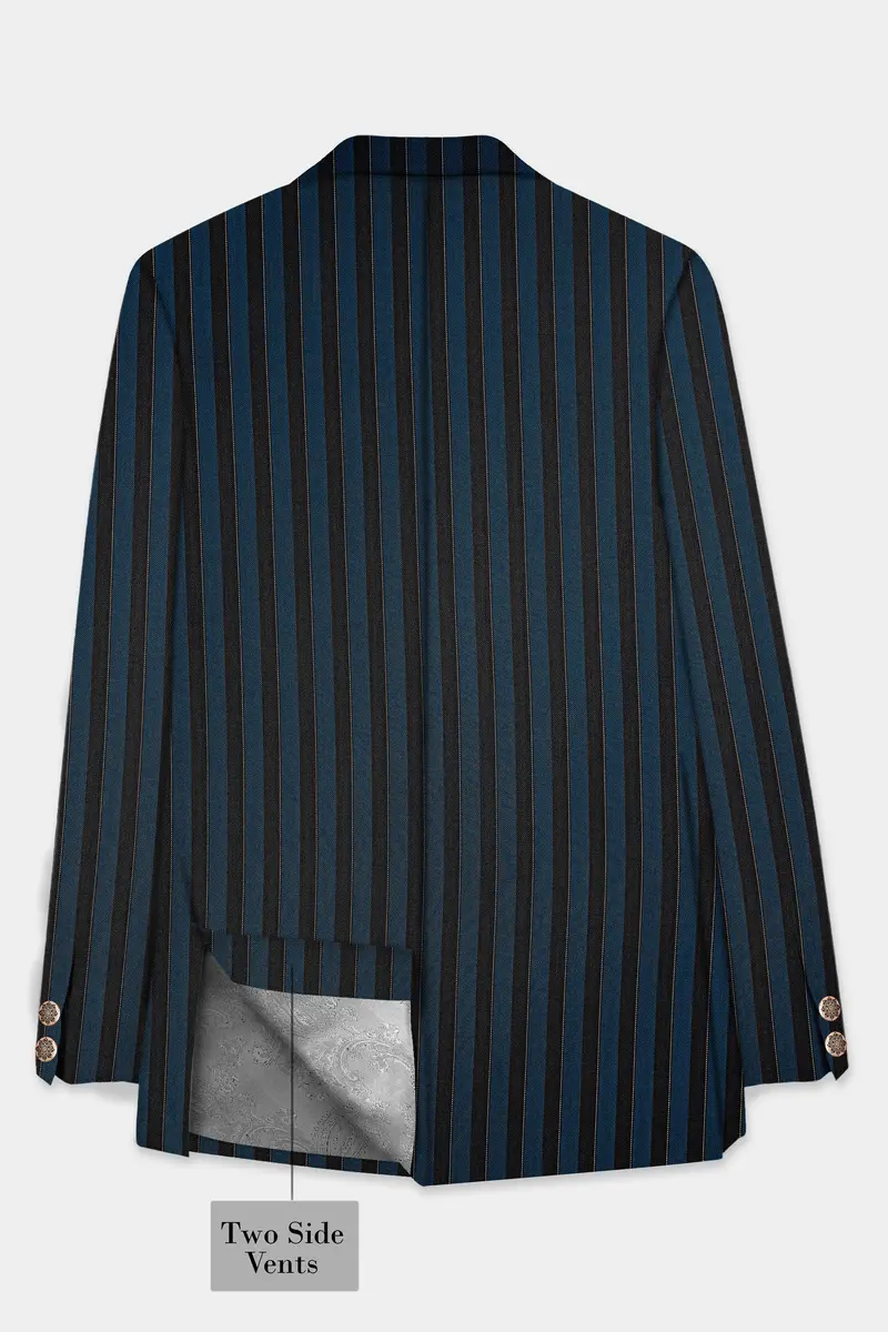 Daintree Blue And Jade Black Striped Wool Blend Cross Placket Bandhgala Suit 8