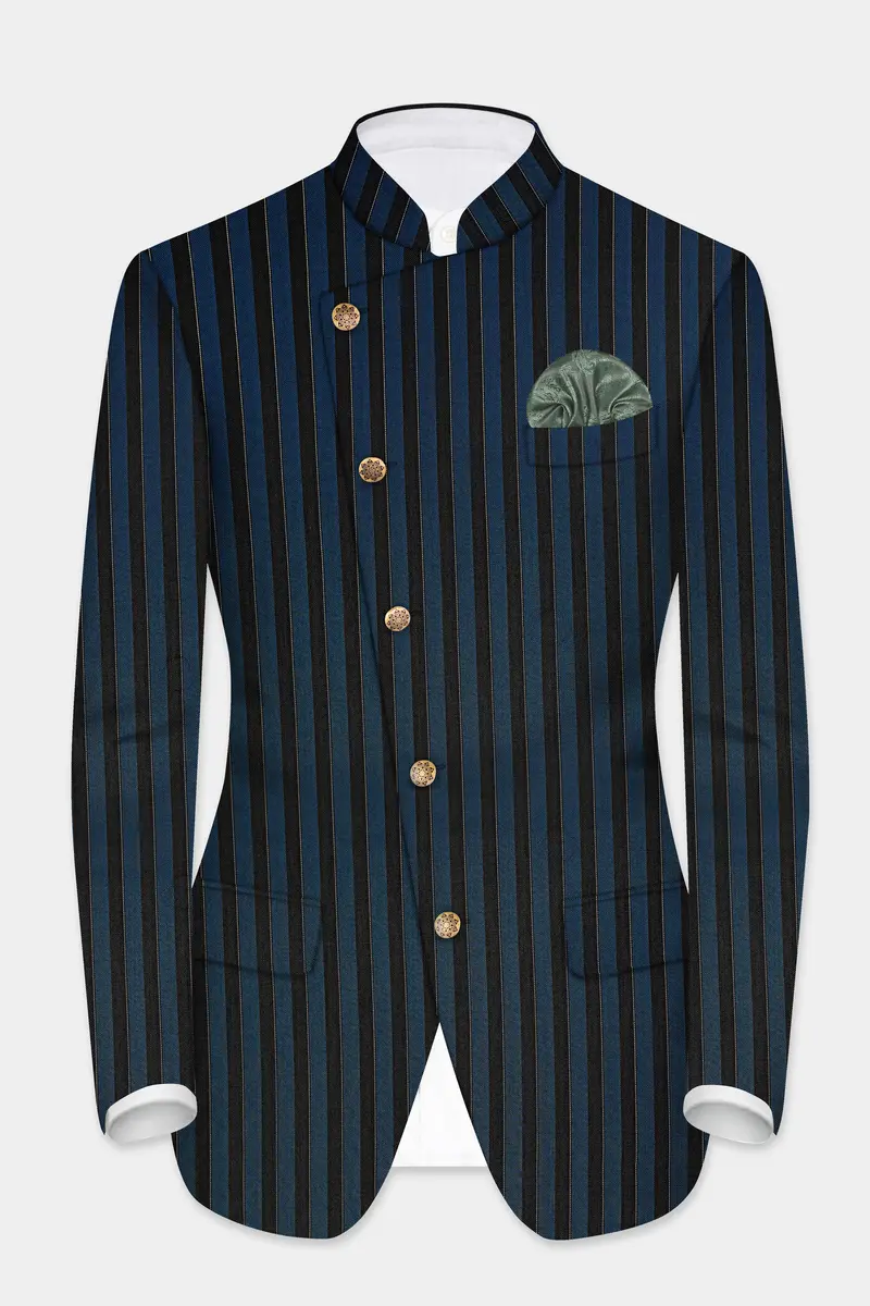 Daintree Blue And Jade Black Striped Wool Blend Cross Placket Bandhgala Suit 9