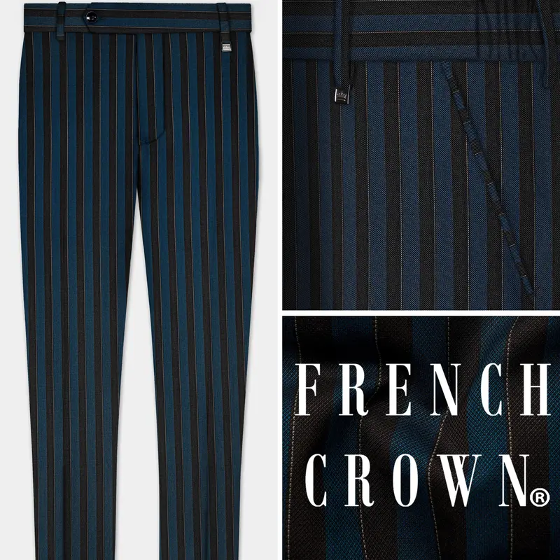 Daintree Blue And Jade Black Striped Wool Blend Stretchable Waistband Pant 1