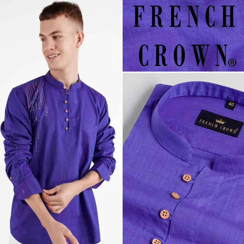 Daisly Blue Bush Hand Painted Luxurious Linen Kurta Designer Shirt 1