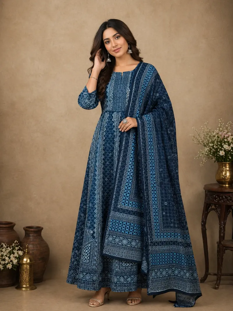 Dark Blue Abstract Designed Cotton Anarkali Salwar Suit 1