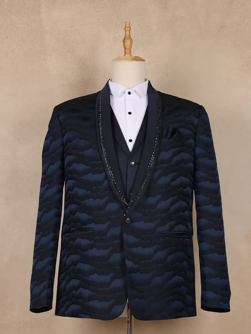Dark Blue Abstract Designed Men's Suit 1