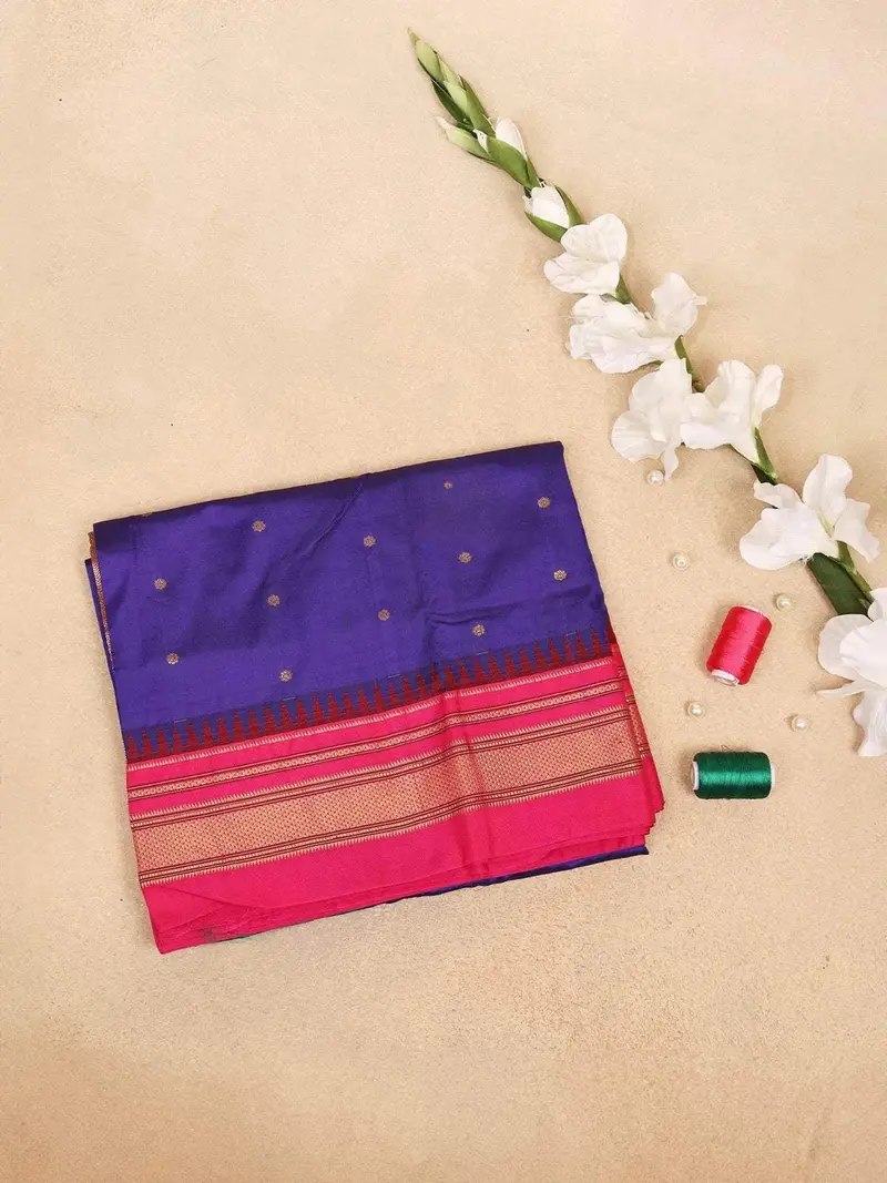 Dark Blue Banarasi Saree With Dot Floral Design On The Body And Zari Border 1