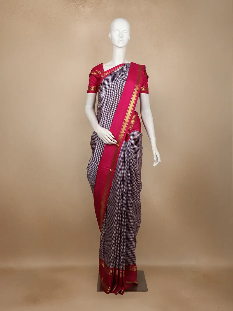 Dark Blue Checked Woven Pure Kanchipuram Silk Saree With Contrast Pink Zari Border 1