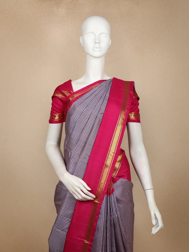 Dark Blue Checked Woven Pure Kanchipuram Silk Saree With Contrast Pink Zari Border 2