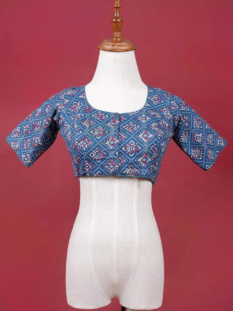 Dark Blue Cotton Readymade Blouse With Round Neck And Elbow Sleeve Design 1