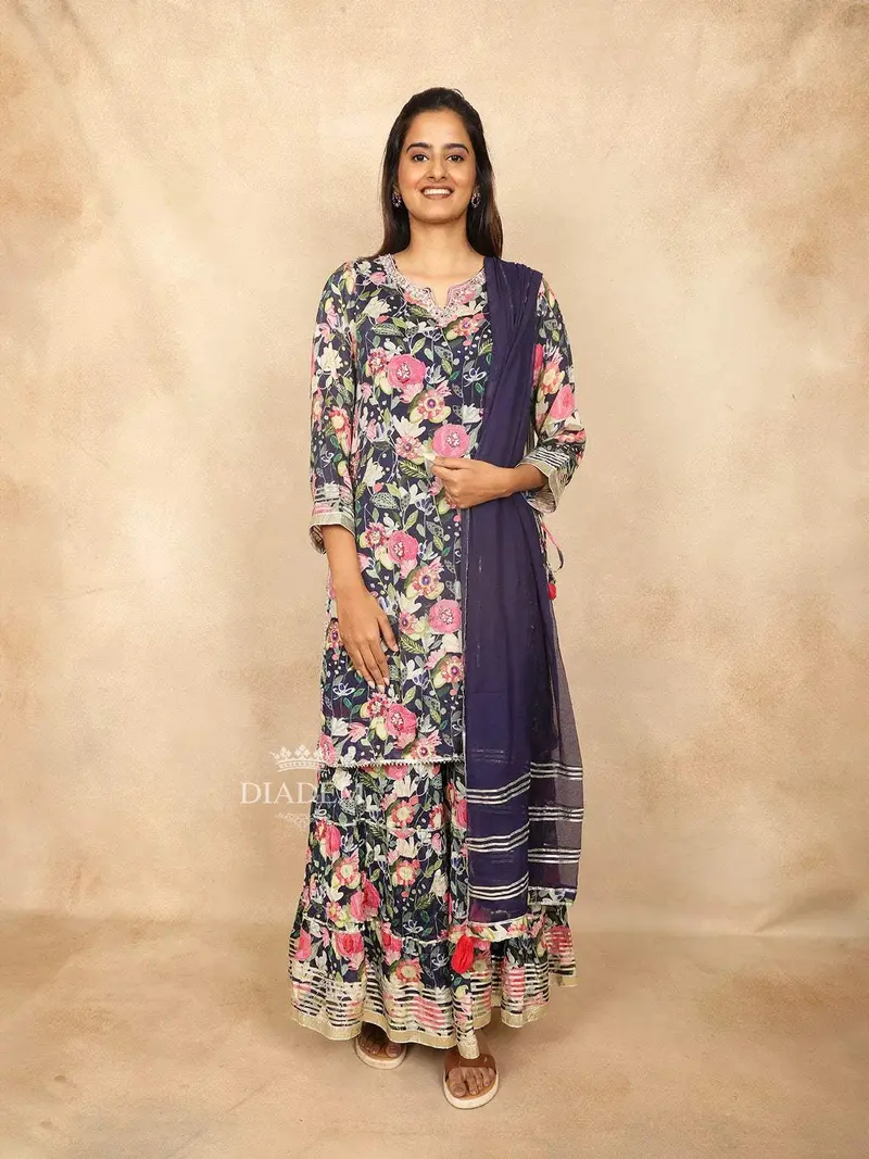 Dark Blue Cotton Straight Cut Salwar Suit Adorned With Sequins And Floral Design Paired With Dupatta 1