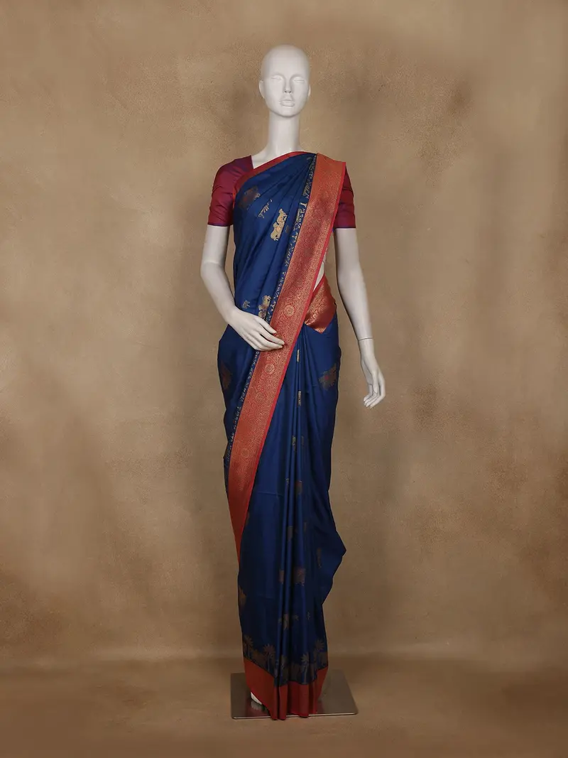 Dark Blue Cow Motif Woven Semi Soft Silk Saree 1