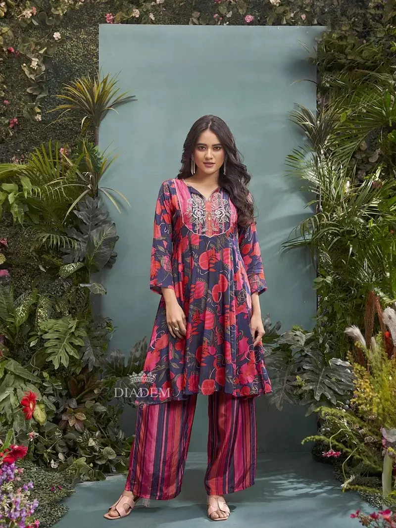 Dark Blue Crepe Palazzo Salwar Suit For Girls Adorned With Floral Prints And Embroidery 1