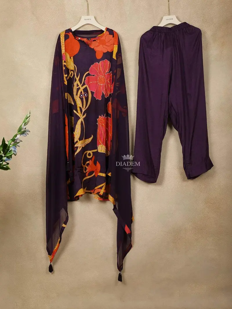 Dark Blue Crepe Straight Cut Salwar Suit Adorned With Flower Prints, Paired With Dupatta 1