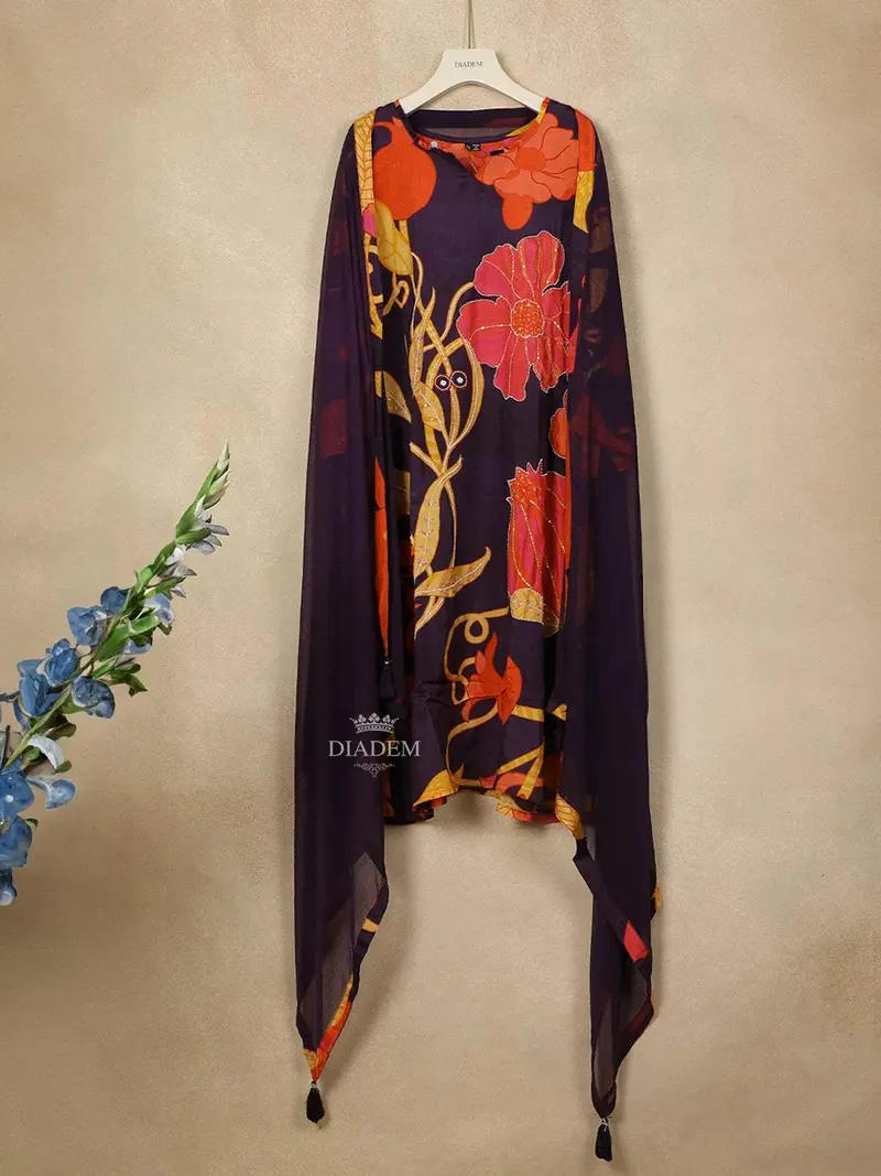 Dark Blue Crepe Straight Cut Salwar Suit Adorned With Flower Prints, Paired With Dupatta 2