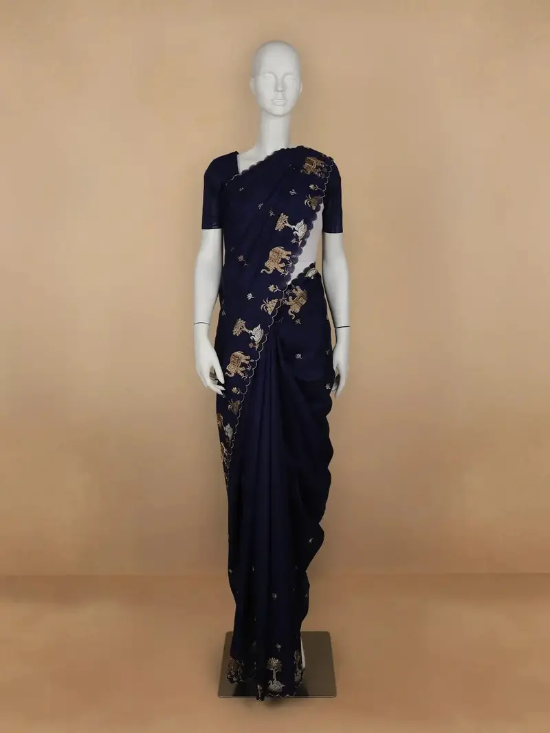 Dark Blue Elephant And Floral Designed Semi Tussar Saree 1