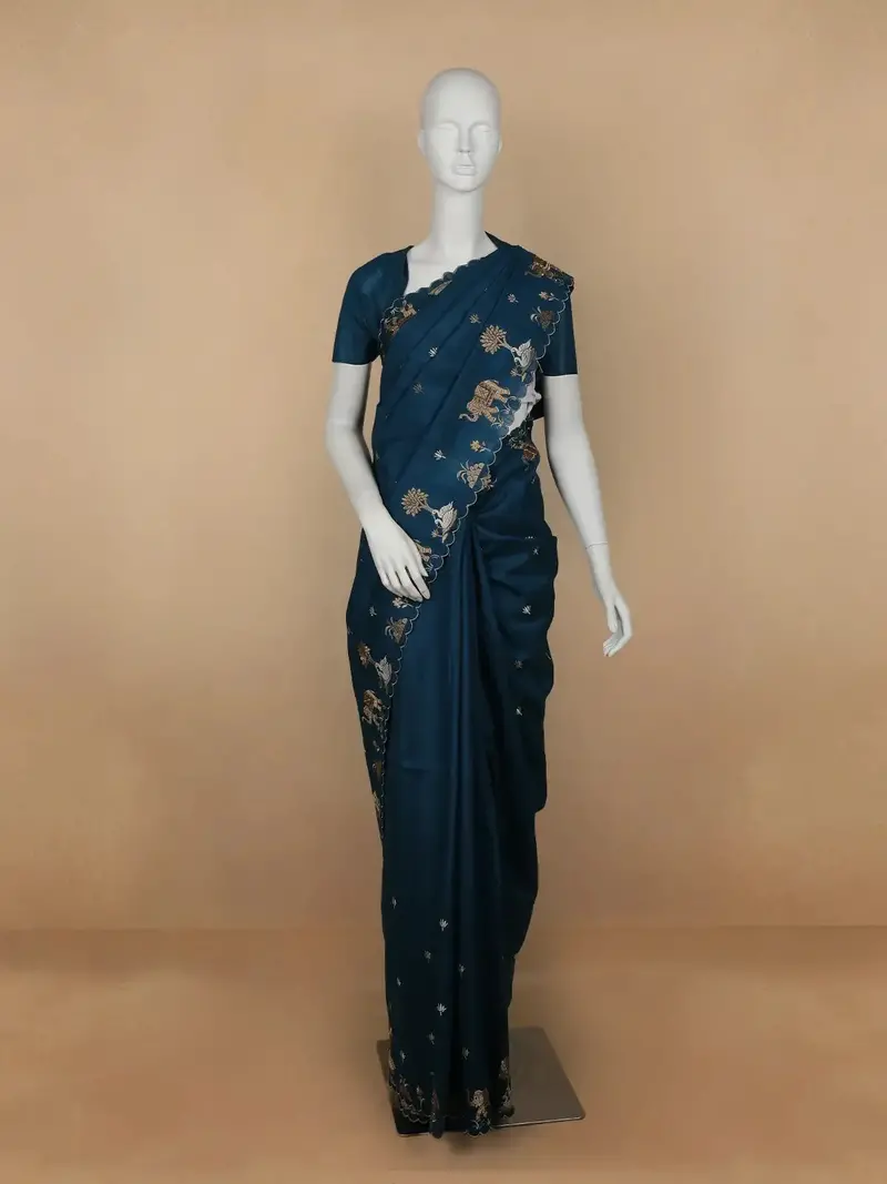 Dark Blue Elephant And Floral Designed Semi Tussar Saree 1