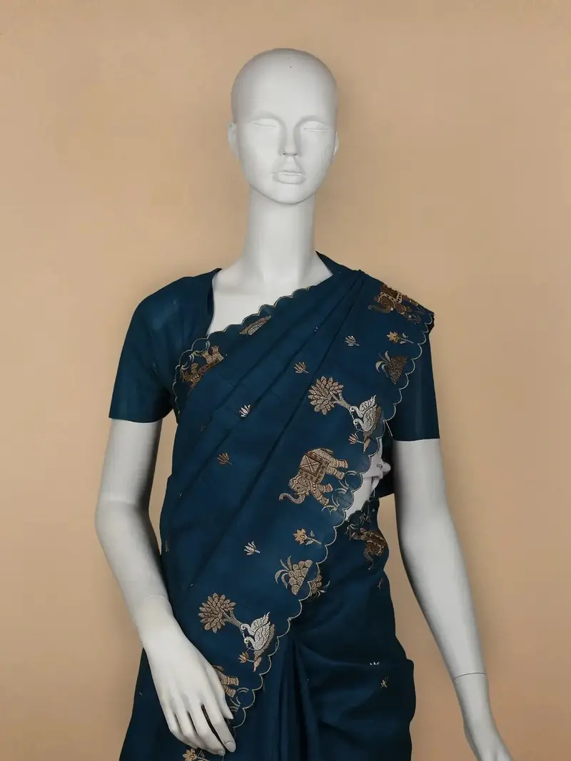 Dark Blue Elephant And Floral Designed Semi Tussar Saree 2