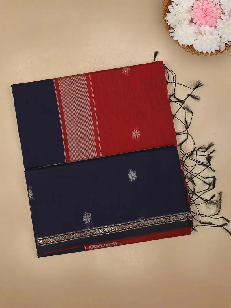 Dark Blue Floral Butta Fancy Cotton Saree 1