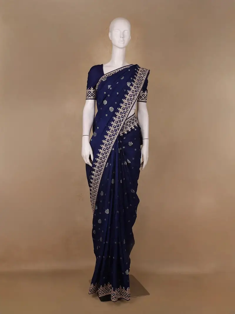 Dark Blue Floral Design Embroidered Georgette Saree 1