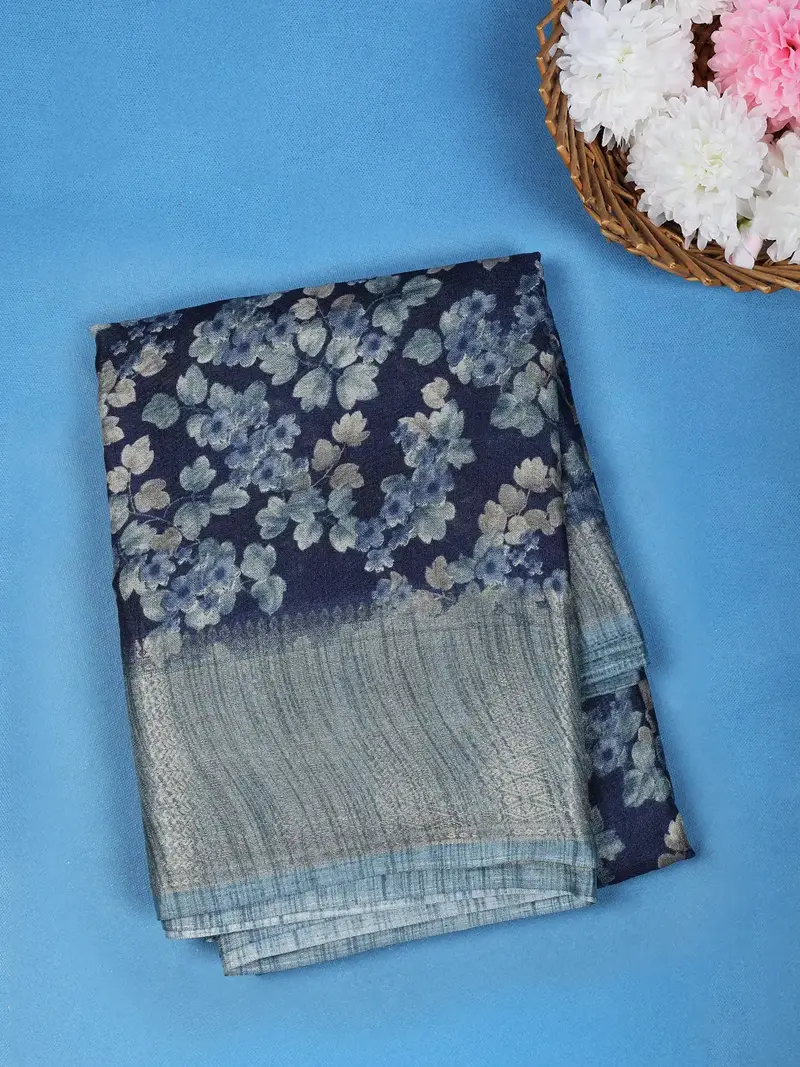 Dark Blue Floral Design Raw Silk Saree 1